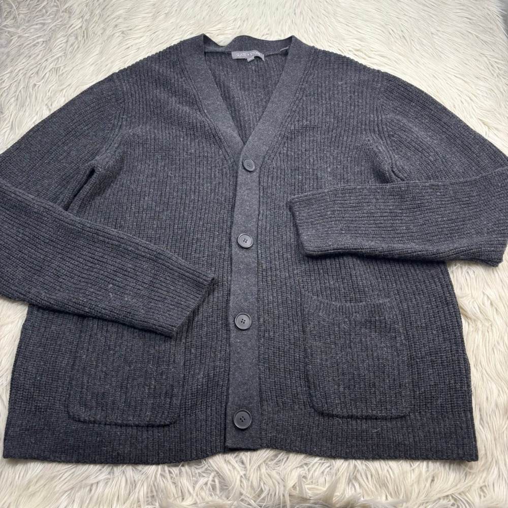 Slate & Stone Men's XXL Gray V-Neck Button Cardigan Wool Blend Preppy Heritage